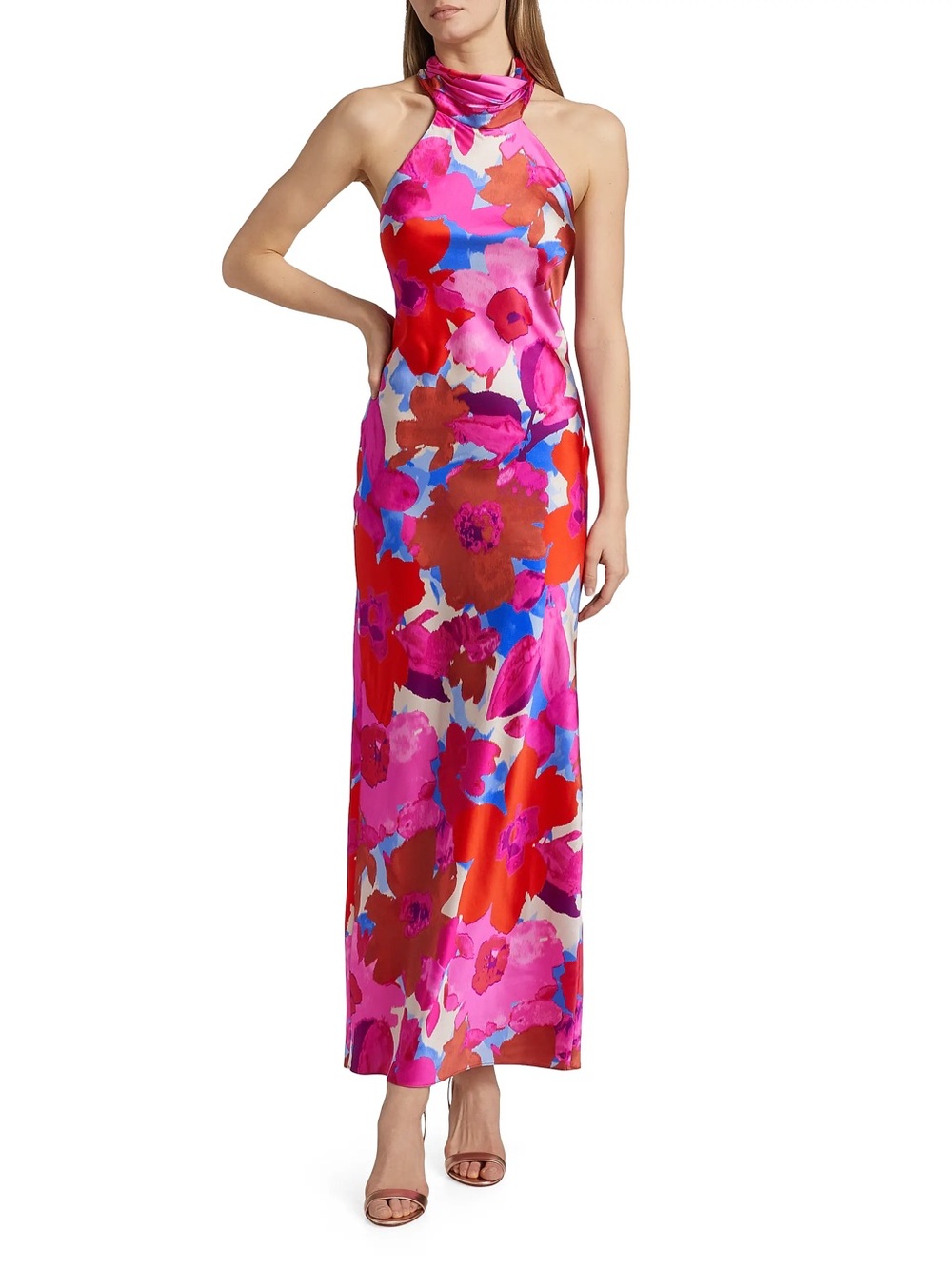 Ramy Brook Tatiana Floral Stretch Silk Halter Gown